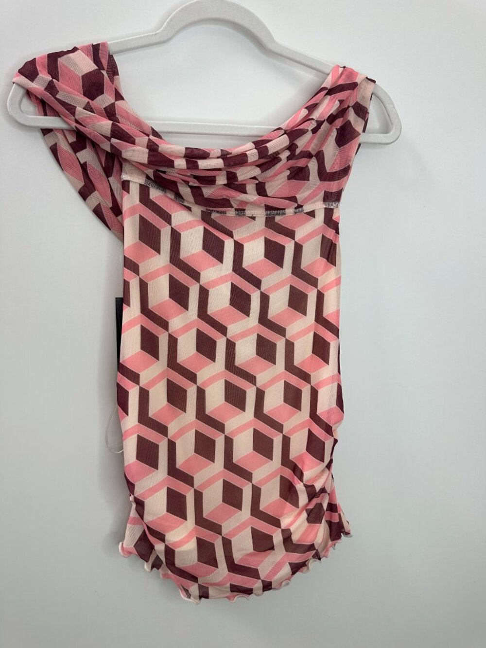 NWT Bold Elements x Ally Brooke Geo Print Mesh Top Ruched Off Shoulder Office - Picture 7 of 8